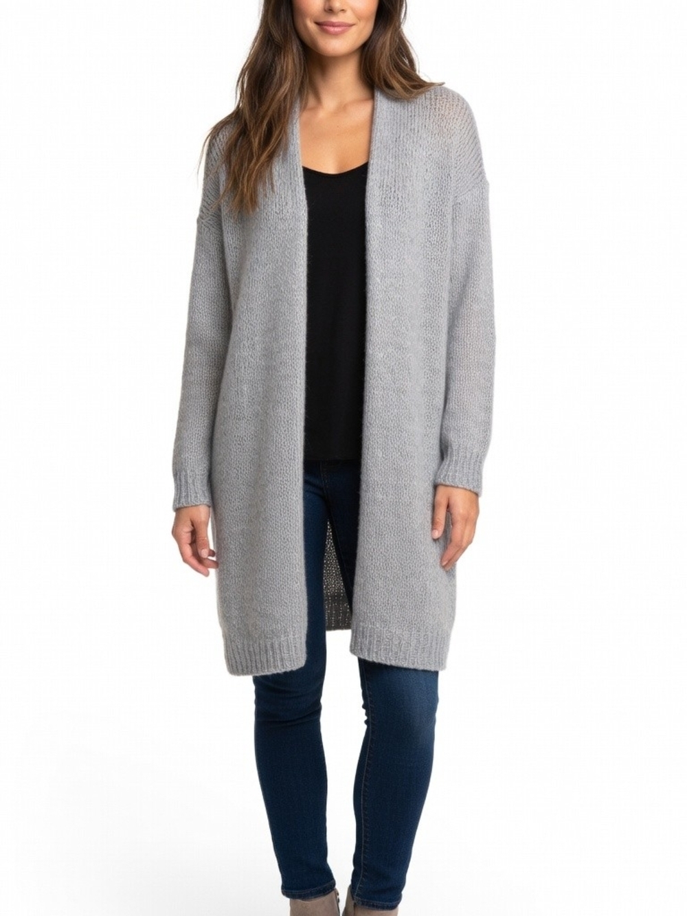 Elsamanda Light Gray Mohair Blend Open-Front Knit Duster Cardigan Sweater XL